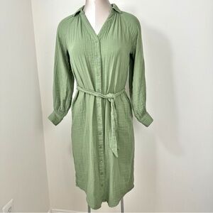 Old Navy Sage Green Long Sleeve Waist Defined Shirt Midi Dress Size Extra Small